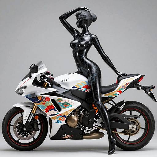 Black Marble Female Statue with Japanese Style Motorcycle