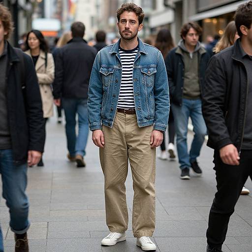 Photograph of a bearded man in a blue denim jacket, black-and-white striped shirt, beige pants, and white sneakers, standing in a bustling