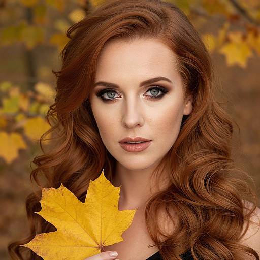 Photograph of a fair-skinned woman with long, wavy auburn hair, blue eyes, and holding an orange autumn leaf, set against