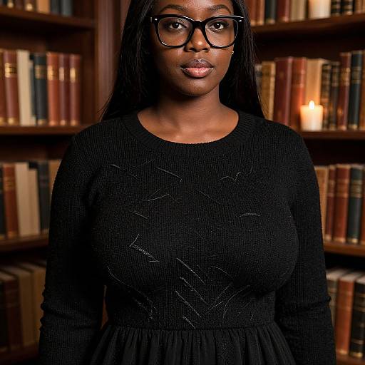 Photograph of a confident Black woman with long straight hair, wearing black glasses and a textured black long-sleeve dress, standing in front of a