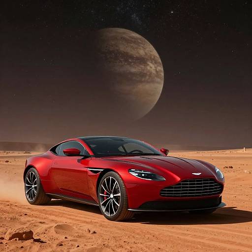 Photorealistic CGI of a sleek, red sports car driving on a desert planet with a large, rocky moon in a starry night sky.