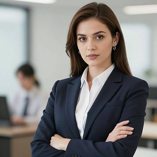 Photograph of a confident woman with long brown hair, wearing a black blazer and white shirt, standing with arms crossed in a bright office setting.