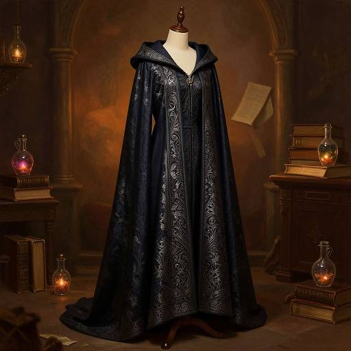 Photograph of an ornate, dark blue, medieval-style cloak with intricate silver embroidery on a mannequin, displayed in a dimly lit,