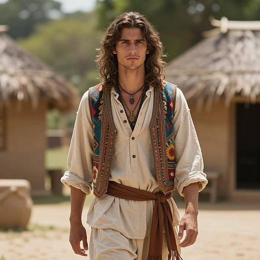 Boho Attire Man in Rustic Village