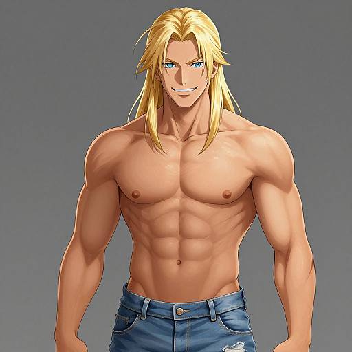 Anime-style digital drawing of a muscular, shirtless blonde man with blue eyes, wearing blue jeans, standing against a gray background.