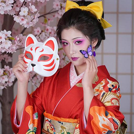 Japanese Woman in Traditional Kimono with Cat Mask and Butterfly