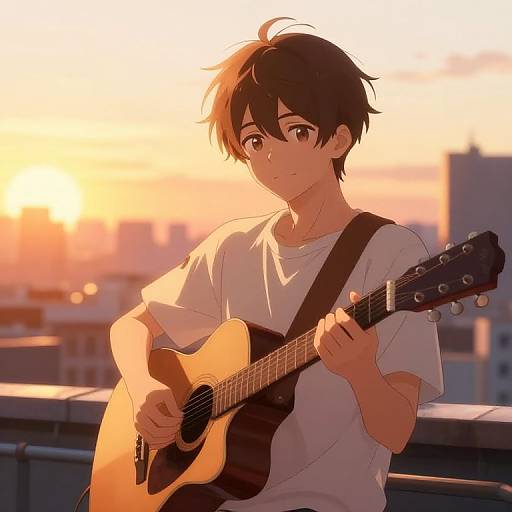 Anime-style digital drawing of a young man with short black hair, wearing a white t-shirt, playing an acoustic guitar on a rooftop at sunset. Warm
