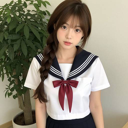 Photograph of an Asian woman with long brown hair in a braid, wearing a traditional Japanese schoolgirl uniform, standing in front of a green p