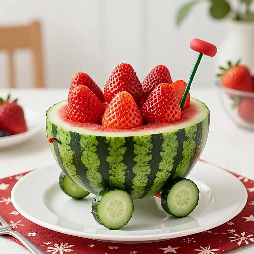 Photograph of a watermelon bowl filled with fresh strawberries and watermelon slices, with a red straw, on a white plate, red tablecloth with
