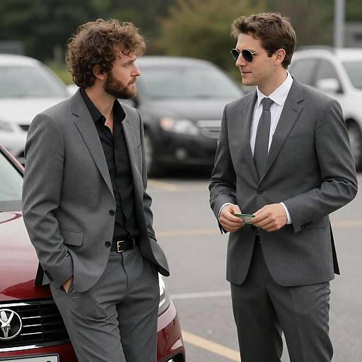 Men in Suits by a Red Car