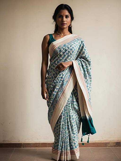 Woman Wearing Blue and White Malmal Cotton Saree