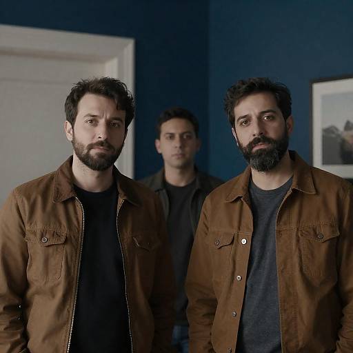 Three Men in Dimly Lit Blue Room