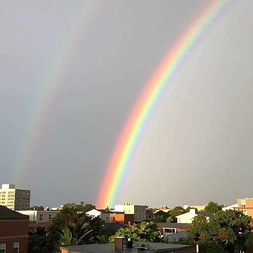 Photograph of a vibrant rainbow arching over a suburban neighborhood with buildings, trees, and clear blue sky in the background.