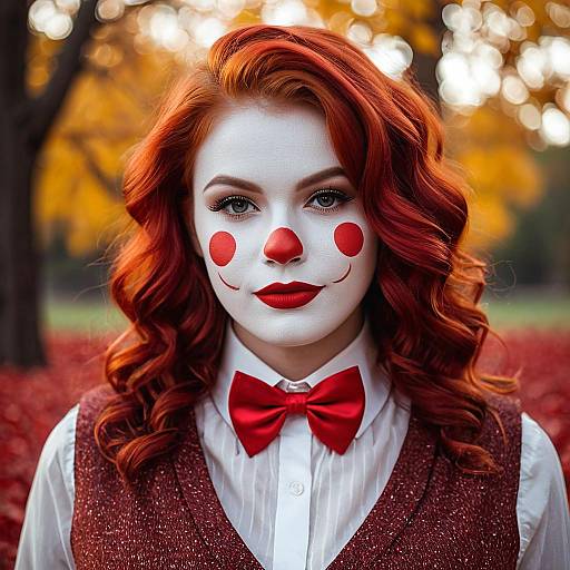 Red-Haired Woman with Clown Makeup in Autumn
