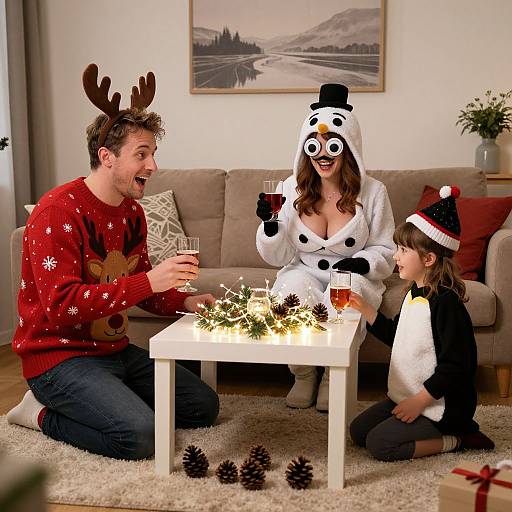 Photograph of a family in festive reindeer, snowman, and elf costumes, laughing around a Christmas-lit coffee table in a cozy living room