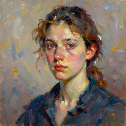 Impressionistic oil painting of a young woman with fair skin, brown hair, and blue eyes, wearing a dark shirt, against a colorful, abstract