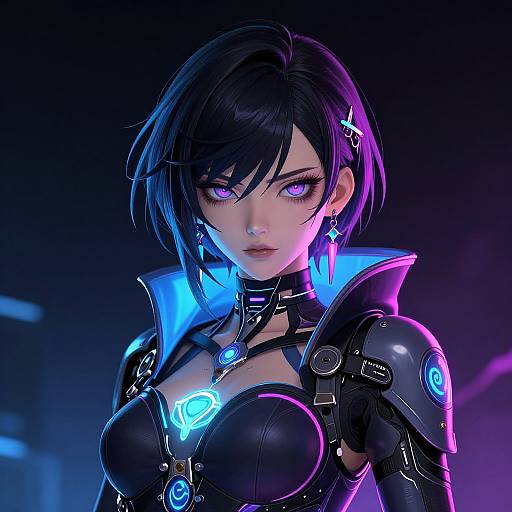 CGI sci-fi portrait of a black-haired, purple-eyed woman with glowing cybernetic armor, neon accents, and futuristic earrings, set against a