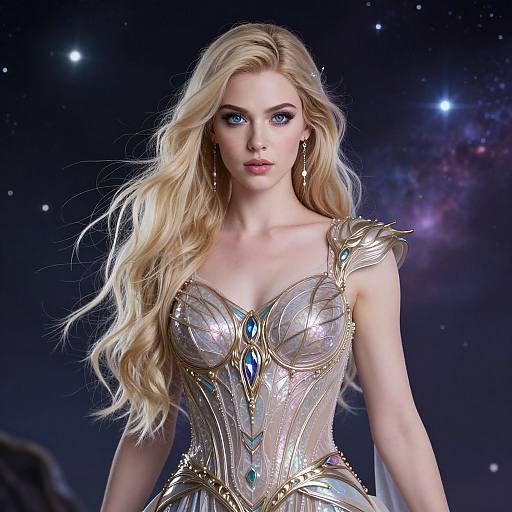 Digital artwork of a blonde, blue-eyed woman with long wavy hair, wearing an intricate, silver and gold, corset-style space dress against a