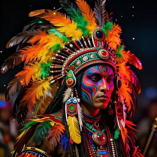 Photograph of a Native American dancer with vibrant face paint, colorful feathered headdress, and elaborate beadwork, set against a dark background.