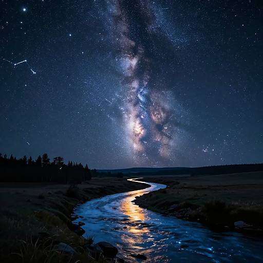 Photograph of a night sky with the Milky Way galaxy, bright stars, and a reflective river winding through a dark, silhouetted forest landscape