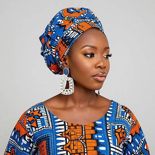 Photograph of a dark-skinned woman with a patterned blue, orange, and white headwrap and dress, wearing large white geometric earrings, looking