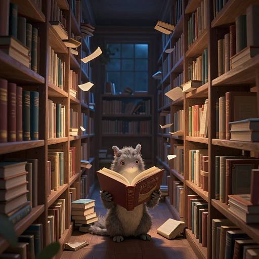 Digital artwork: Fuzzy, cute, small creature with white and gray fur reads book in dimly lit, narrow bookshelf-filled library, surrounded by