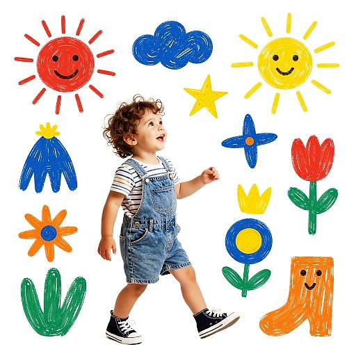 Photograph of curly-haired toddler in striped shirt and denim overalls, walking among colorful, childlike sun, clouds, flowers, and smiley objects