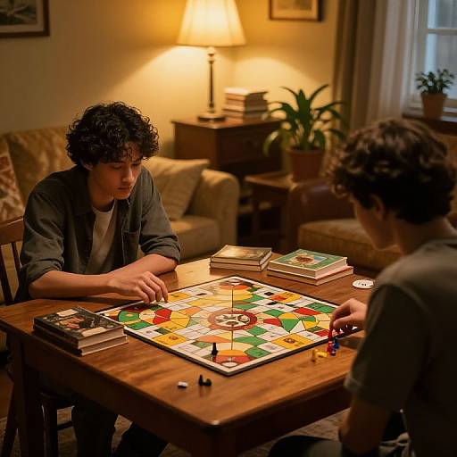 Photograph of two boys with curly hair playing a colorful board game in a warmly lit, cozy living room with a lamp, books, and potted