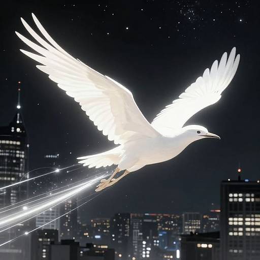 Glittering white dove in flight with illuminated wings and trailing light trails, soaring above a dark, starry cityscape of lit skyscrapers.