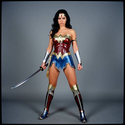 Photograph of a woman in Wonder Woman cosplay, standing confidently, wearing red corset, blue skirt, gold armor, silver cuffs, knee-high boots