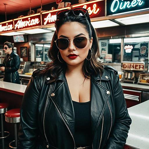 Curvy Woman in Leather Jacket at Vintage Diner