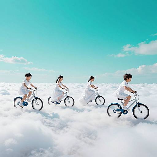 Four children in white clothing ride bicycles on a cloud-filled sky, under a bright blue sky with scattered clouds. Digital art.
