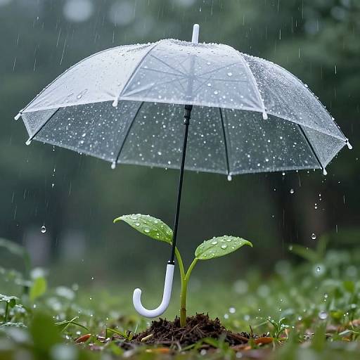 Photograph of a translucent umbrella with raindrops, shielding a small green plant with two leaves, standing in wet soil. Dark, blurred forest background.