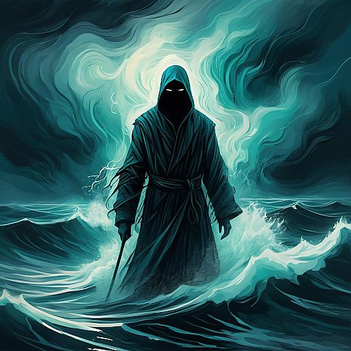 Mystical Hooded Figure by Stormy Sea