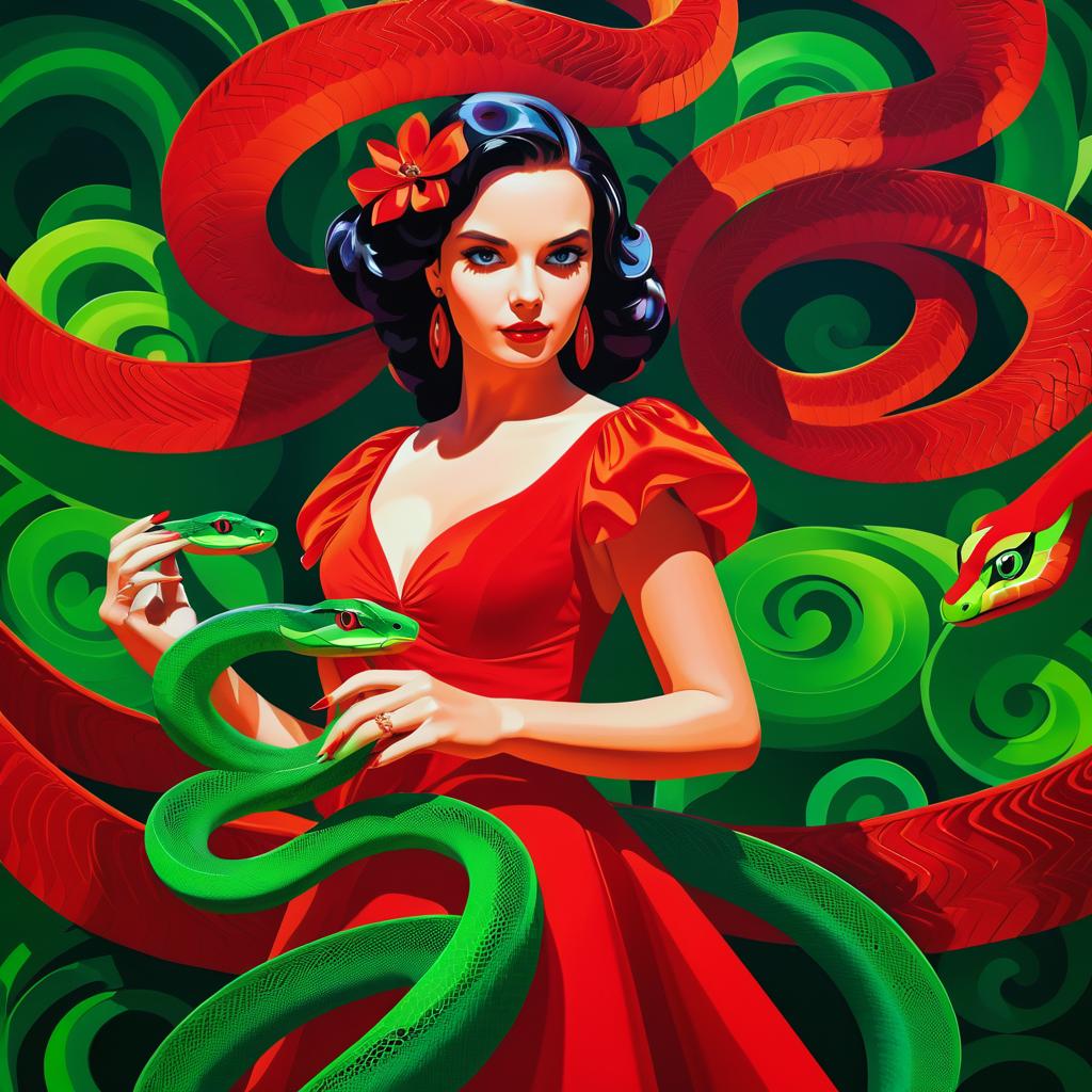 Surreal Woman in Red Dress with Snake