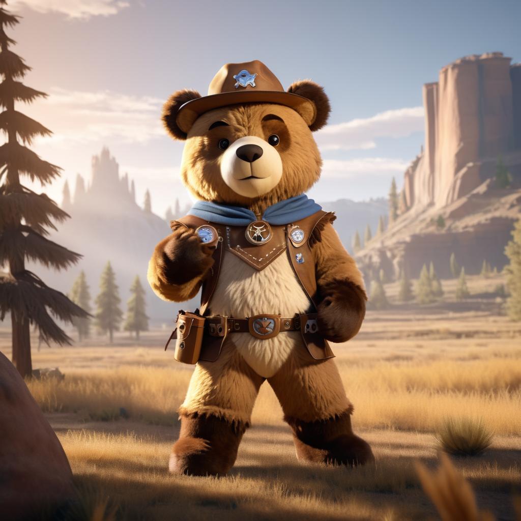 Cute Cowboy Bear in Majestic Landscape