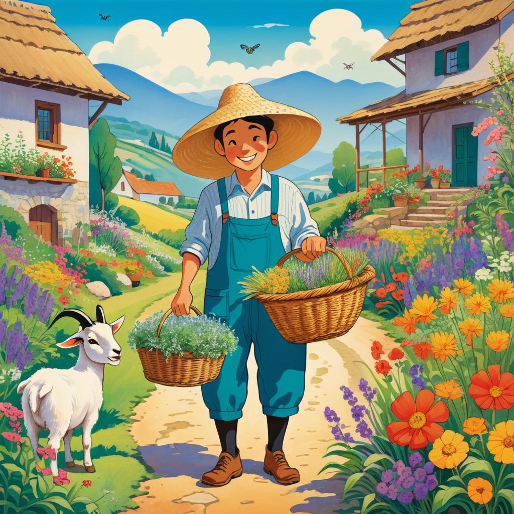 Cheerful Farmer and Goat in Garden