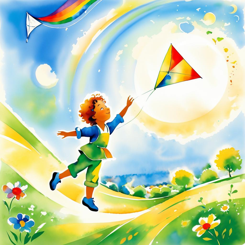 Whimsical Child Flying Kite in Chagall Style