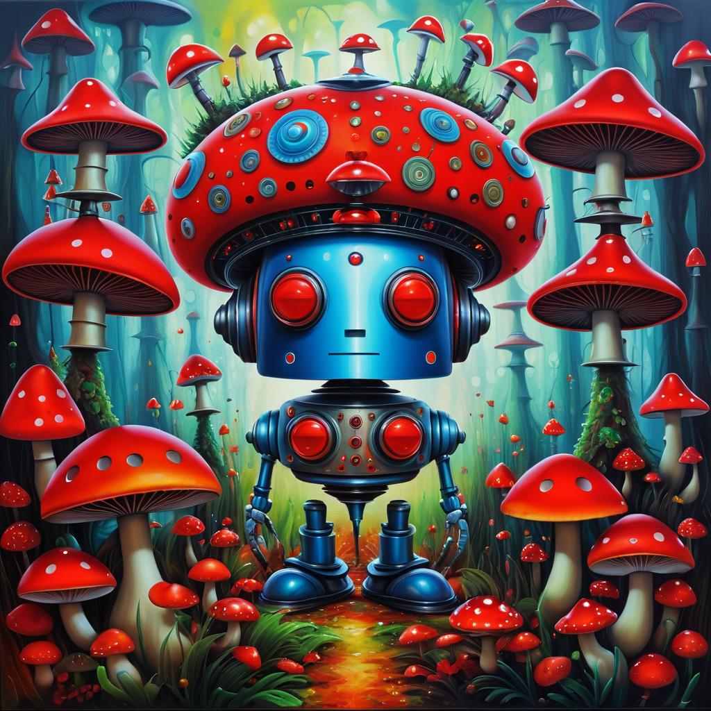 Whimsical Robot in Mushroom Wonderland