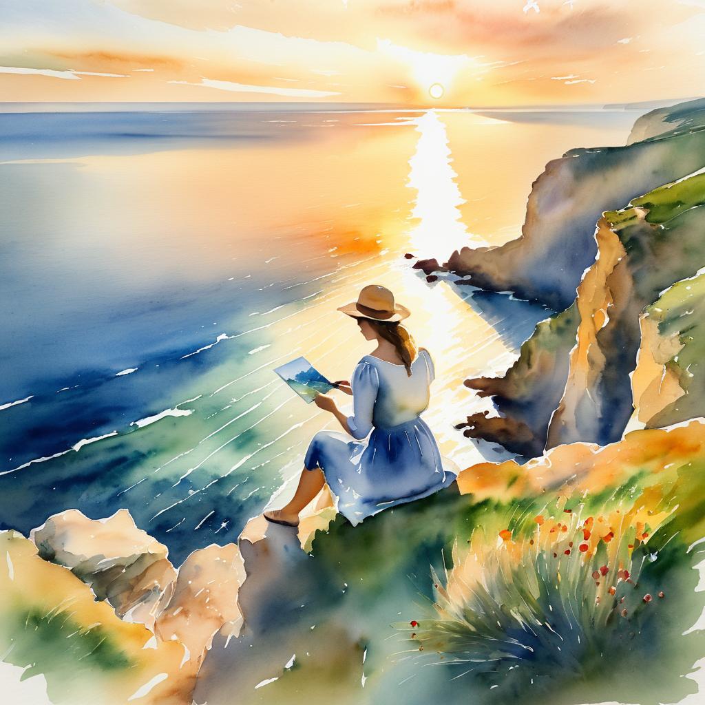 Woman Painting on Ocean Cliff at Sunset