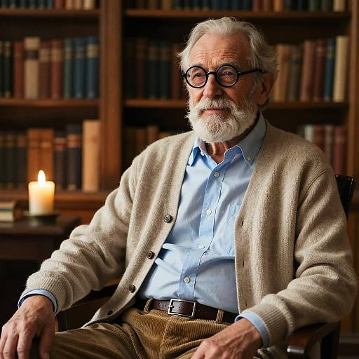 Photograph of an elderly white man with white hair and beard, wearing glasses, beige cardigan, light blue shirt, and brown pants, seated in