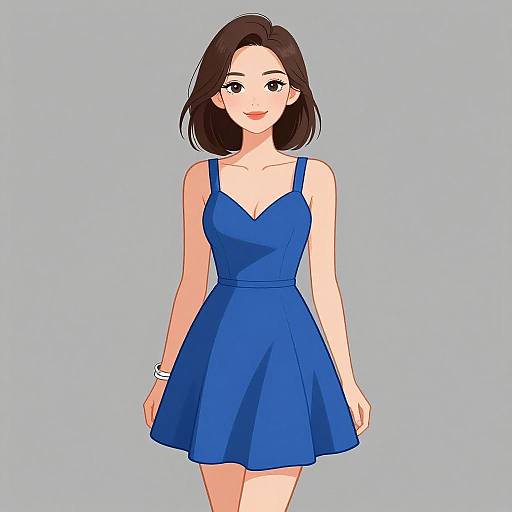 Digital anime-style drawing of a smiling young woman with fair skin, dark brown hair, wearing a blue, sleeveless, V-neck, A-line dress