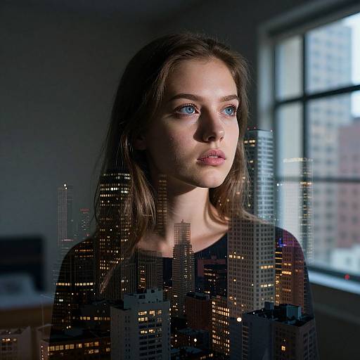 Photograph of a fair-skinned, blue-eyed woman with long brown hair, wearing a black top, superimposed with a cityscape of illuminated