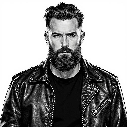 Black-and-white digital portrait of a bearded man with a stern expression, wearing a leather jacket over a black shirt, against a white background.