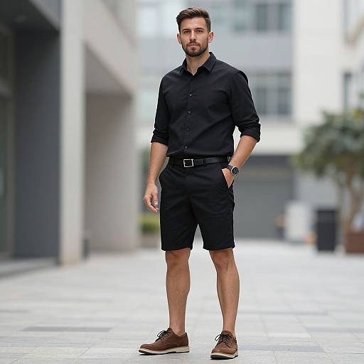 Photograph of a handsome, bearded man with short brown hair, wearing a black button-up shirt, black shorts, brown sneakers, and a watch