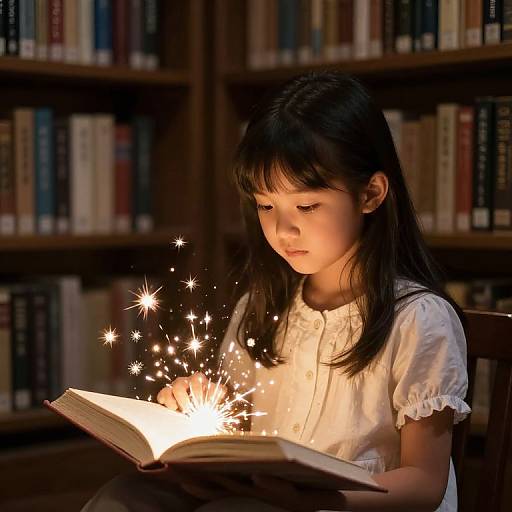 Girl Reading Glowing Book with Sparks