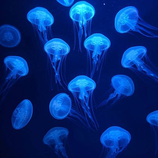 Photograph of vibrant blue jellyfish floating gracefully in a dark blue underwater environment, their translucent bodies and delicate tentacles glowing luminously.