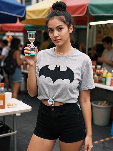 Photograph of a young woman with dark hair in a bun, wearing a gray Batman tee and black shorts, holding a shot glass at a colorful outdoor