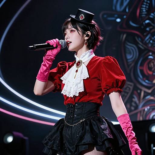 Energetic female singer in red velvet blouse, black skirt, pink gloves, and hat, singing into microphone on stage with vibrant, circular background lights