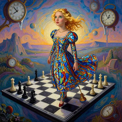 Digital surrealism: A blonde woman in a colorful stained-glass dress stands on a chessboard, surrounded by floating clocks, in a vibrant, dream